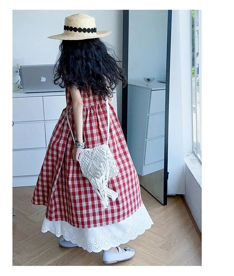 Summer Girls Retro Red Plaid Vest Dress 2-Piece Set Thin French Style Strappy Sundress Casual Vacation Outfit Teen Kids Clothes - Mom & Kids