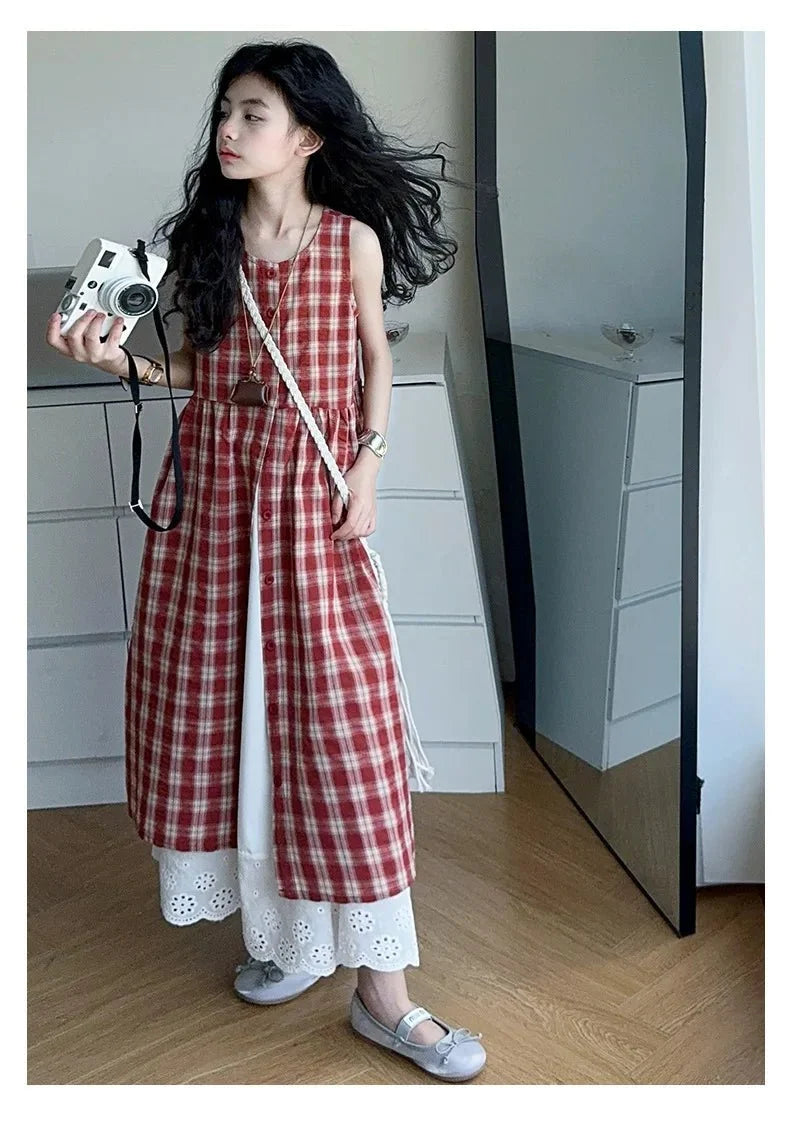 Summer Girls Retro Red Plaid Vest Dress 2-Piece Set Thin French Style Strappy Sundress Casual Vacation Outfit Teen Kids Clothes - Mom & Kids