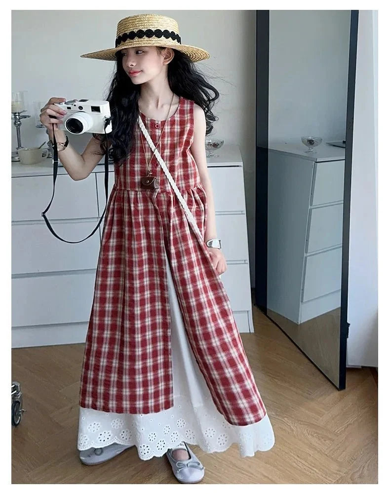 Summer Girls Retro Red Plaid Vest Dress 2-Piece Set Thin French Style Strappy Sundress Casual Vacation Outfit Teen Kids Clothes - Mom & Kids