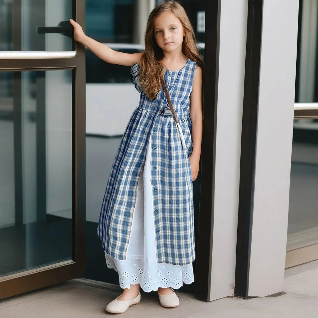 Summer Girls Retro Red Plaid Vest Dress 2-Piece Set Thin French Style Strappy Sundress Casual Vacation Outfit Teen Kids Clothes - Mom & Kids