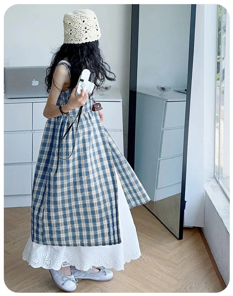 Summer Girls Retro Red Plaid Vest Dress 2-Piece Set Thin French Style Strappy Sundress Casual Vacation Outfit Teen Kids Clothes - Mom & Kids