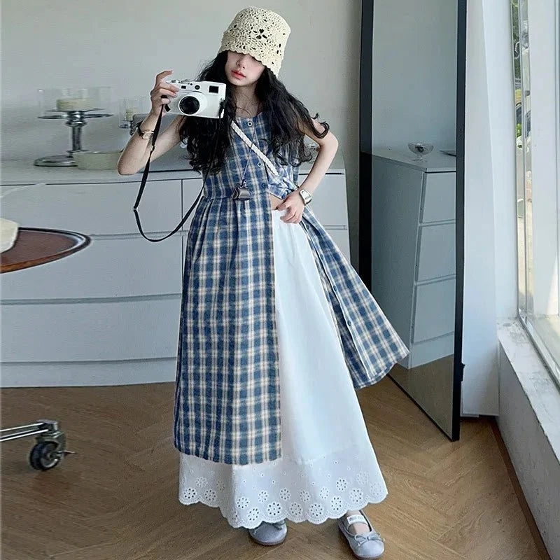 Summer Girls Retro Red Plaid Vest Dress 2-Piece Set Thin French Style Strappy Sundress Casual Vacation Outfit Teen Kids Clothes