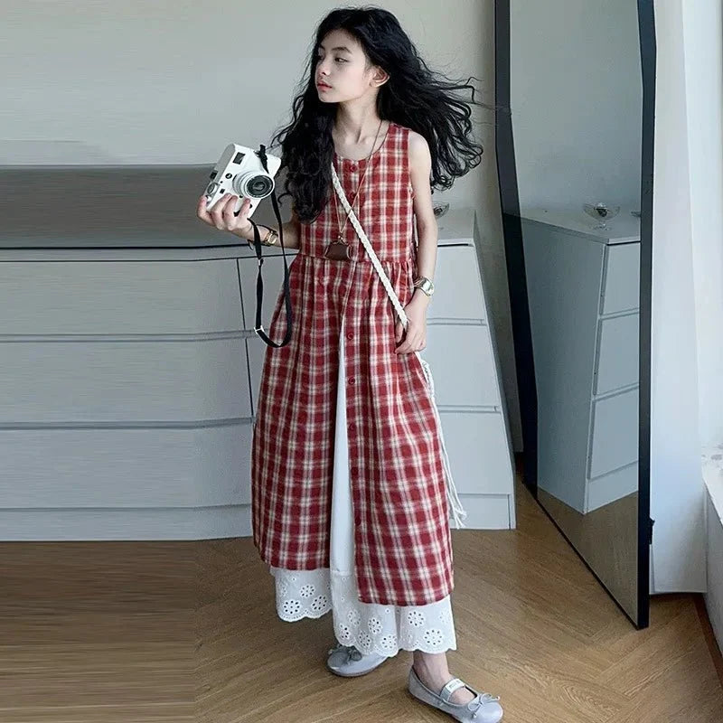 Summer Girls Retro Red Plaid Vest Dress 2-Piece Set Thin French Style Strappy Sundress Casual Vacation Outfit Teen Kids Clothes