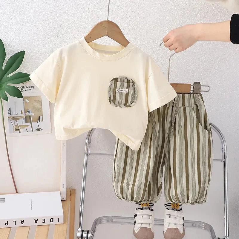 Summer Kid's Clothing Sets Boys' Short Sleeve Outfit Vertical Stripes T-shirt Pants 2Pcs Trendy Children's Costume Stylish