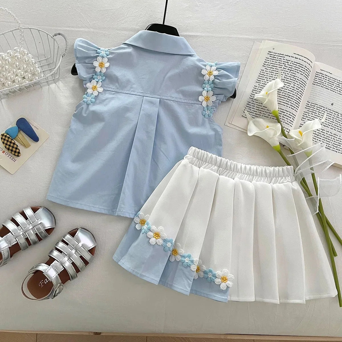 Summer New Baby Floral Short Sleeve Puff Sleeve Top Elastic Waist Pleated Skirt Girls' Set17401 - Mom & Kids