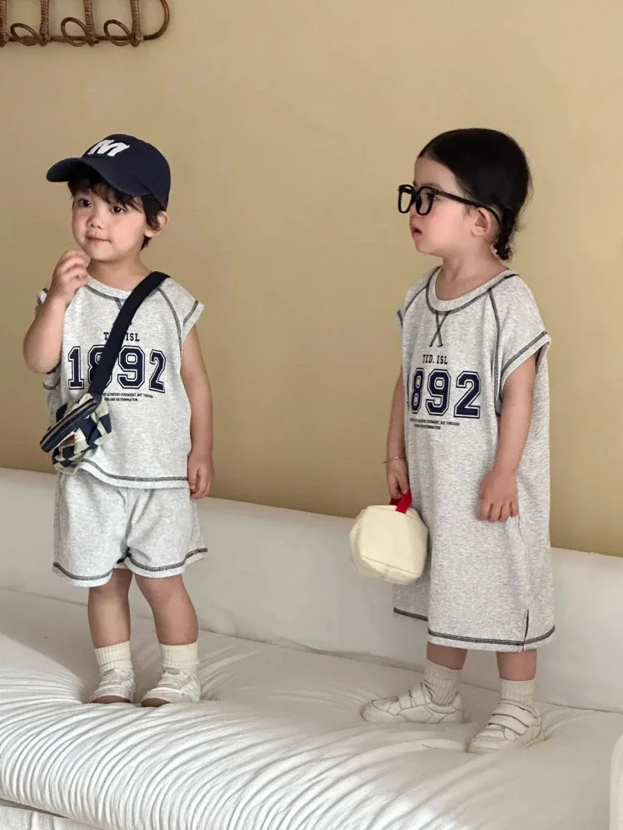 Summer New Children Short Sleeve Clothes Set Boys Letter Print T Shirts 2pcs Suit Girls Vest Dress Kids Brother Sisters Set - Mom & Kids