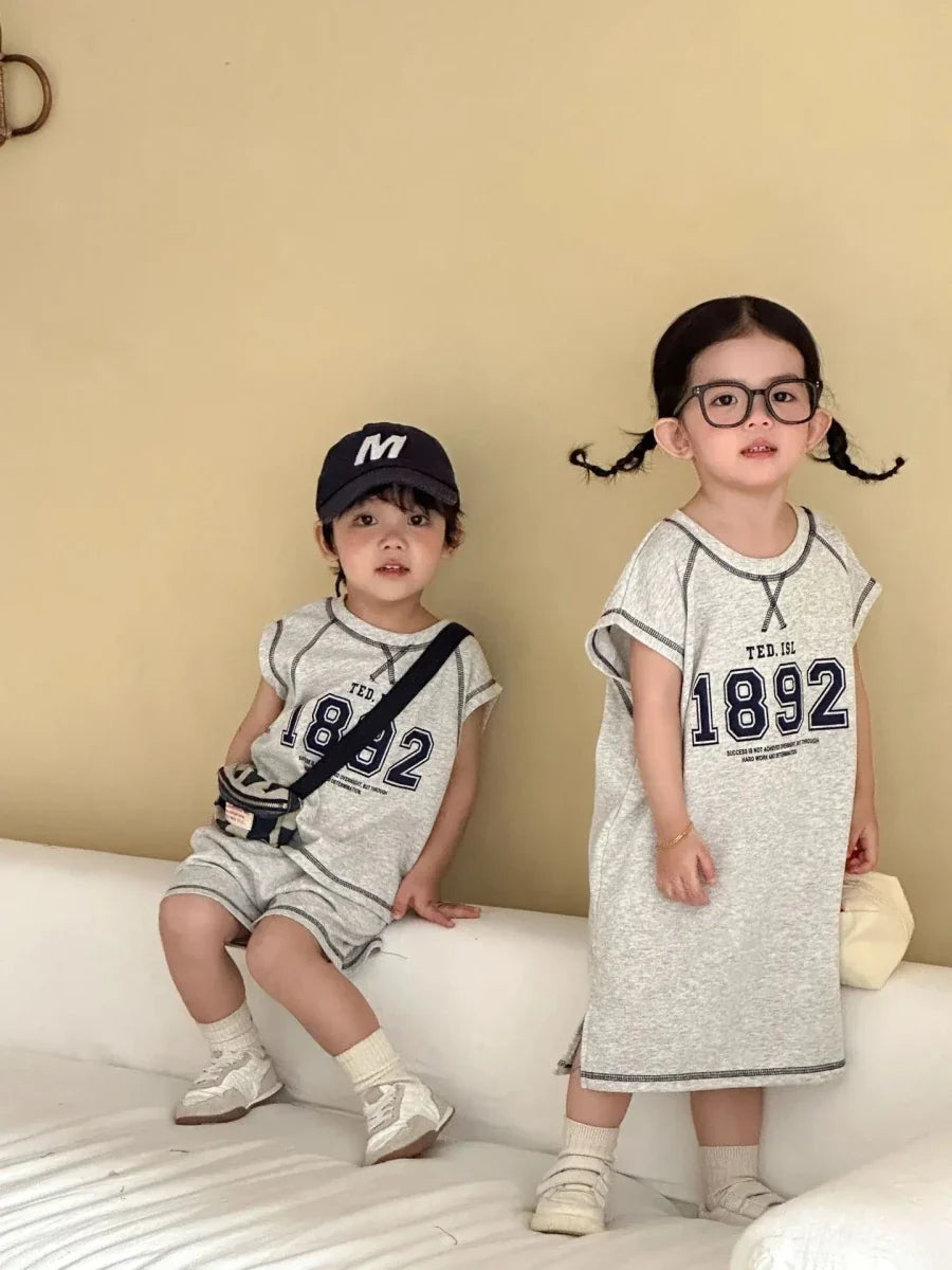 Summer New Children Short Sleeve Clothes Set Boys Letter Print T Shirts 2pcs Suit Girls Vest Dress Kids Brother Sisters Set - Mom & Kids