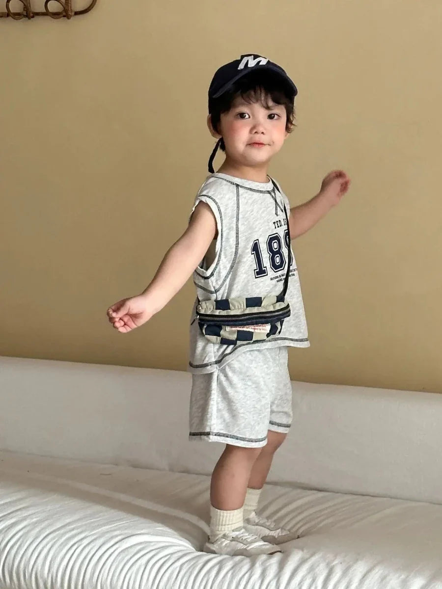 Summer New Children Short Sleeve Clothes Set Boys Letter Print T Shirts 2pcs Suit Girls Vest Dress Kids Brother Sisters Set - Mom & Kids