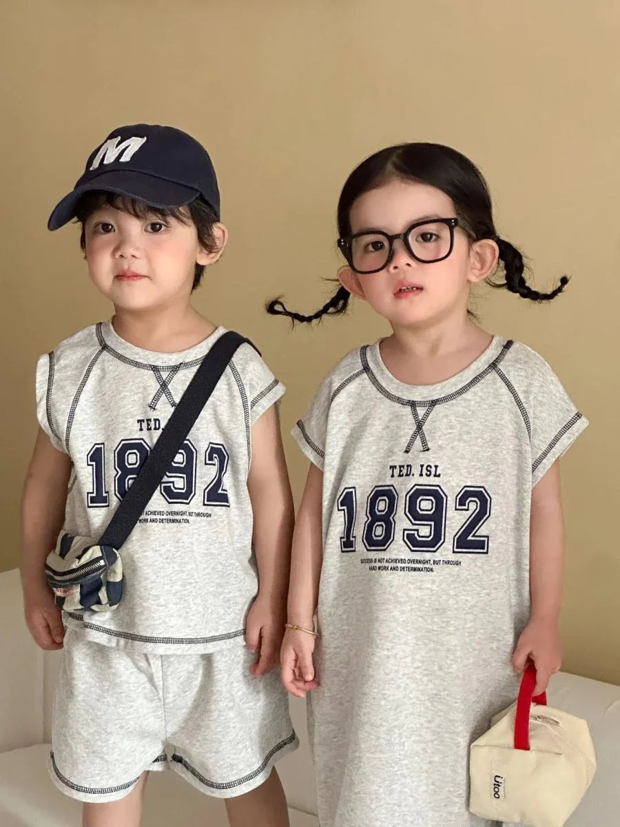 Summer New Children Short Sleeve Clothes Set Boys Letter Print T Shirts 2pcs Suit Girls Vest Dress Kids Brother Sisters Set - Mom & Kids