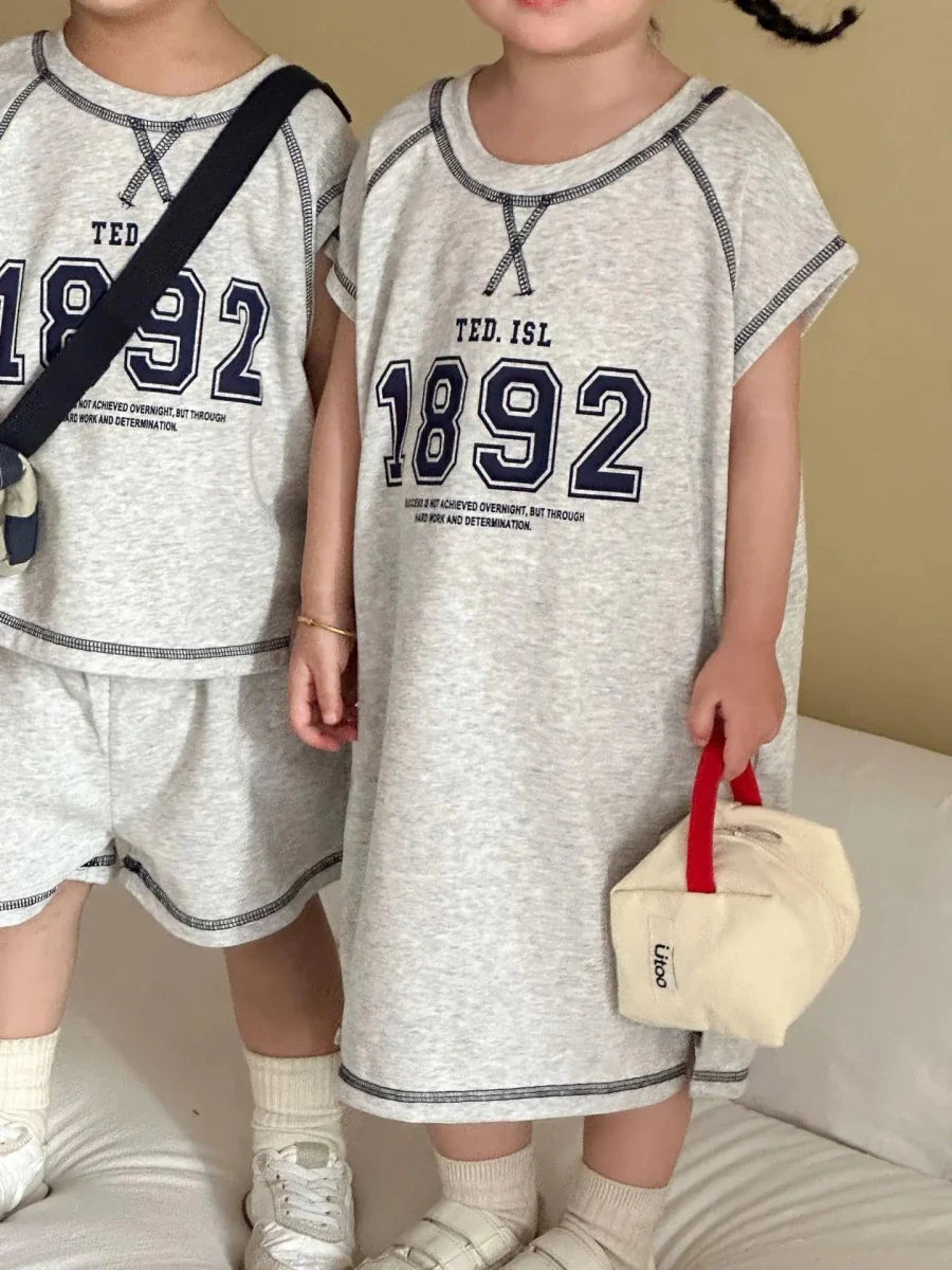 Summer New Children Short Sleeve Clothes Set Boys Letter Print T Shirts 2pcs Suit Girls Vest Dress Kids Brother Sisters Set - Mom & Kids