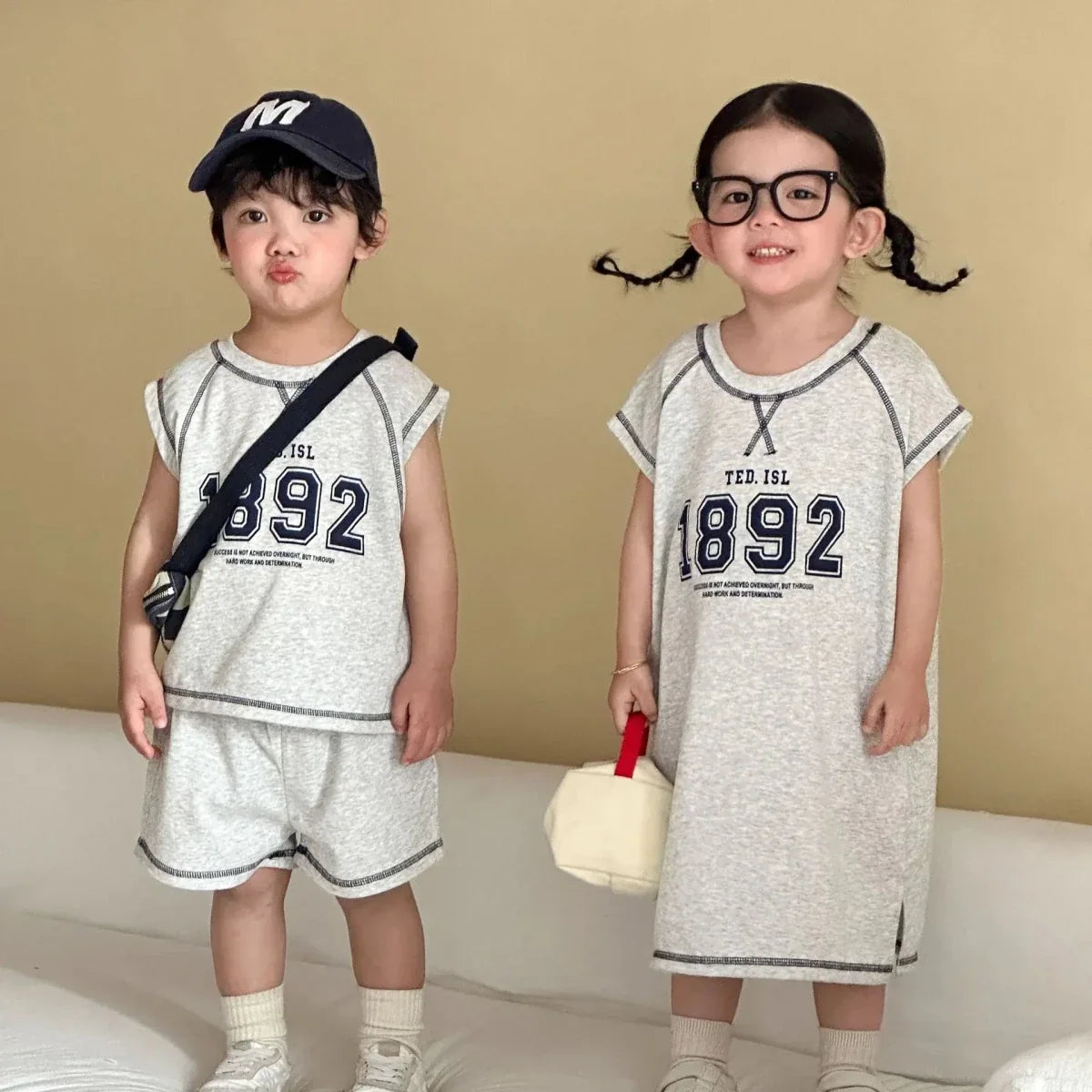 Summer New Children Short Sleeve Clothes Set Boys Letter Print T Shirts 2pcs Suit Girls Vest Dress Kids Brother Sisters Set - Mom & Kids