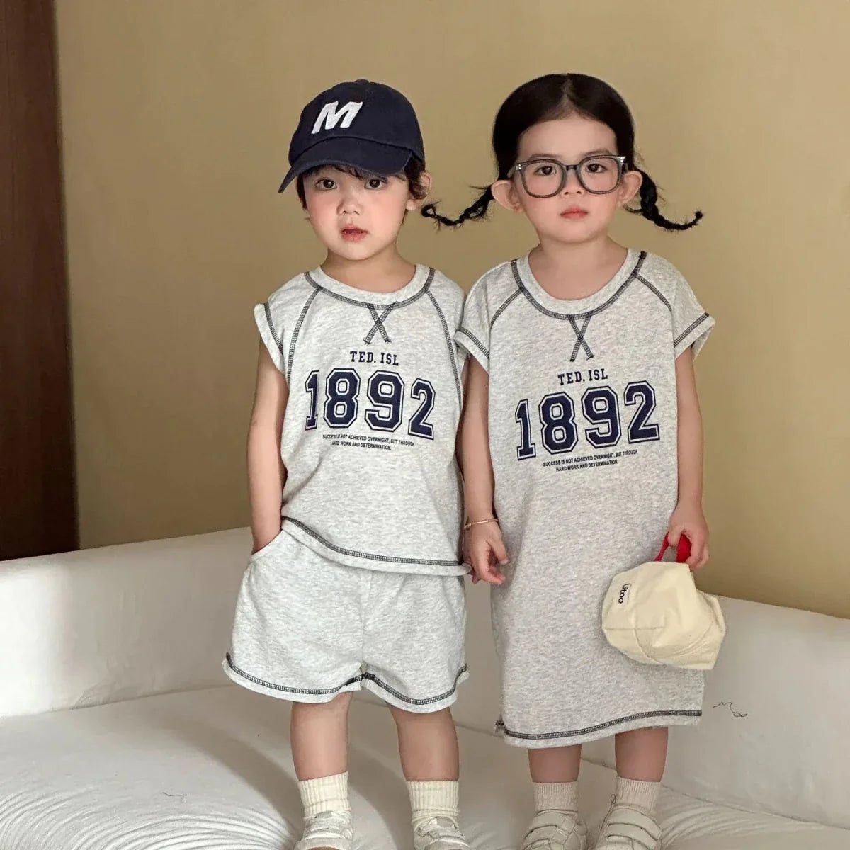 Summer New Children Short Sleeve Clothes Set Boys Letter Print T Shirts 2pcs Suit Girls Vest Dress Kids Brother Sisters Set - Mom & Kids