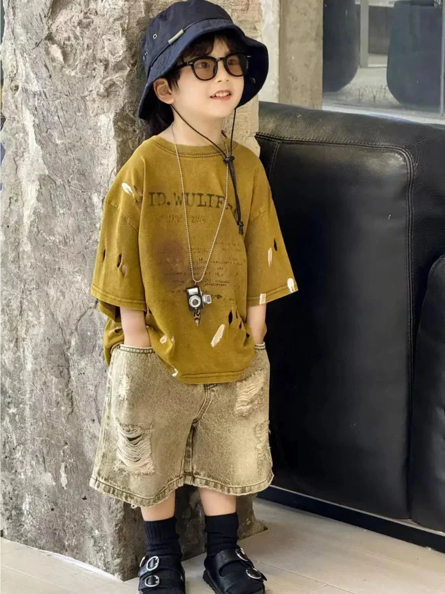 Summer Outfit New Perforated Denim Shorts Children's Clothing - Mom & Kids