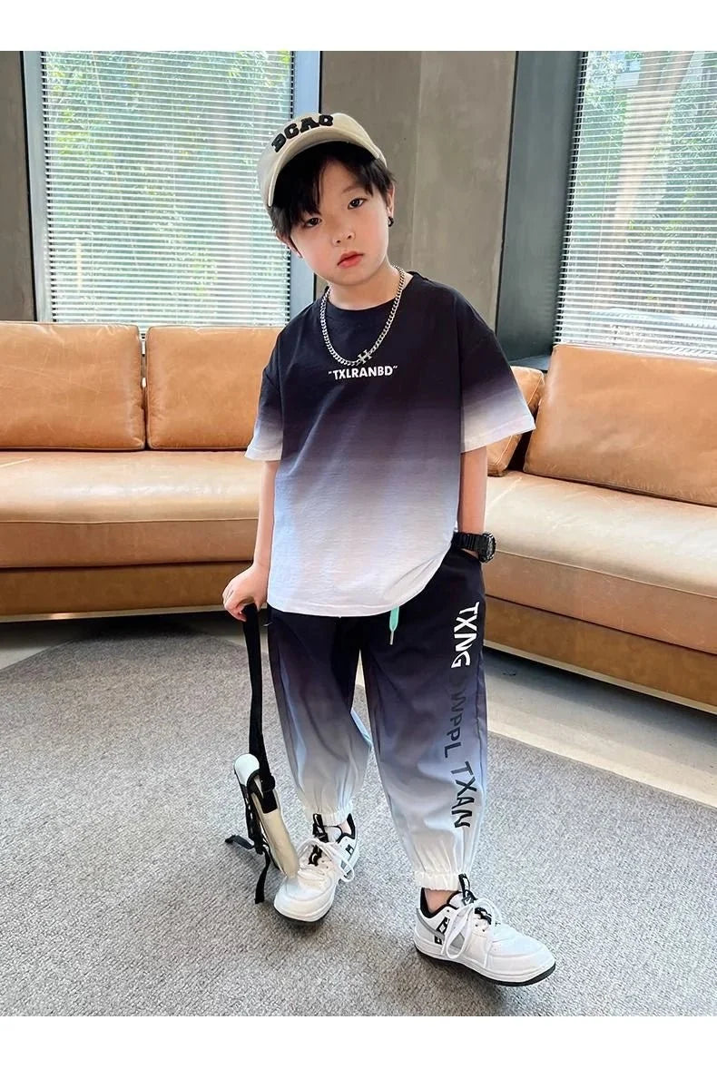 Summer teenager Boys Sports Suit Letter T Shirt + hip hop shorts Pants Kids Clothes Tracksuit 4 5 6 7 8 9 10 11 12 Years - Mom & Kids