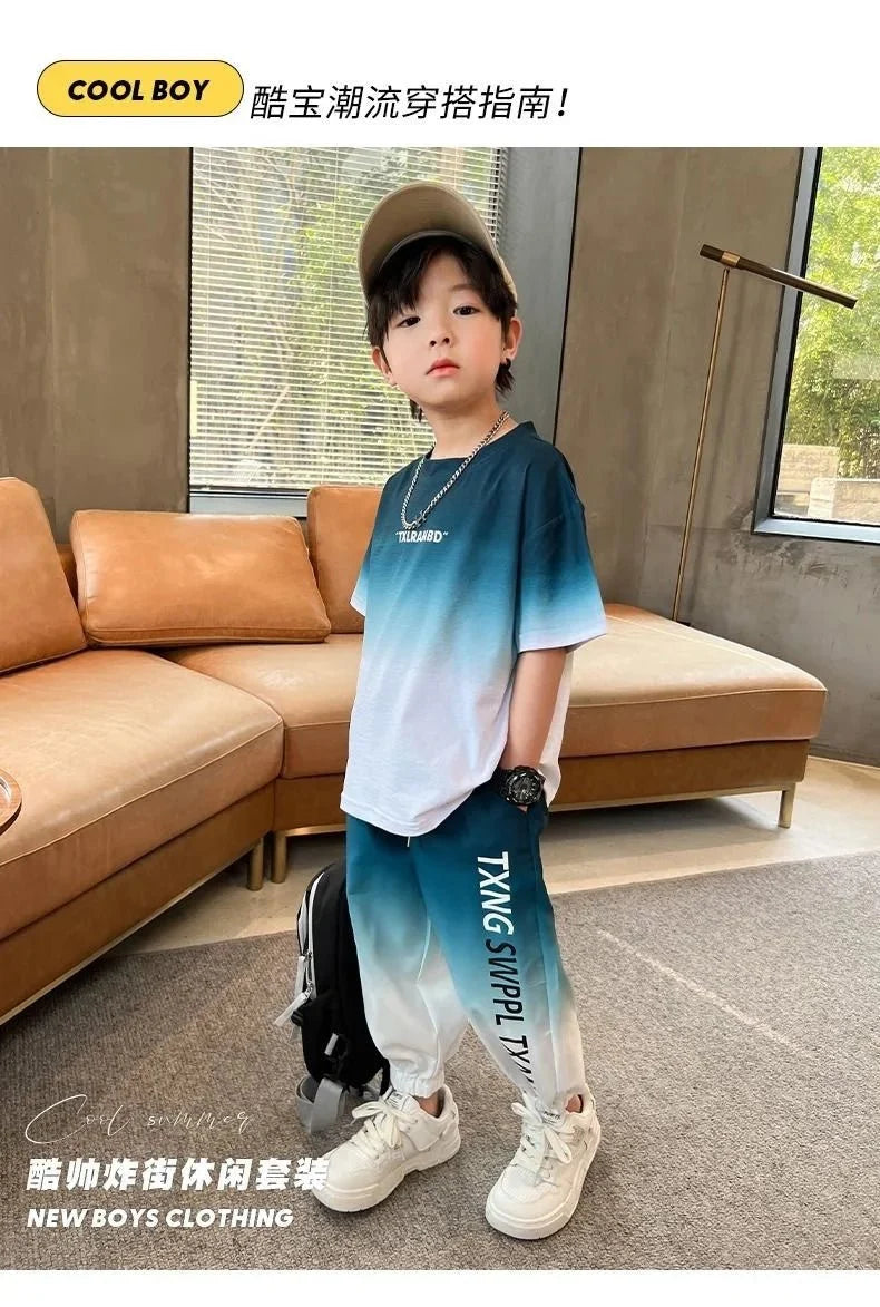 Summer teenager Boys Sports Suit Letter T Shirt + hip hop shorts Pants Kids Clothes Tracksuit 4 5 6 7 8 9 10 11 12 Years - Mom & Kids