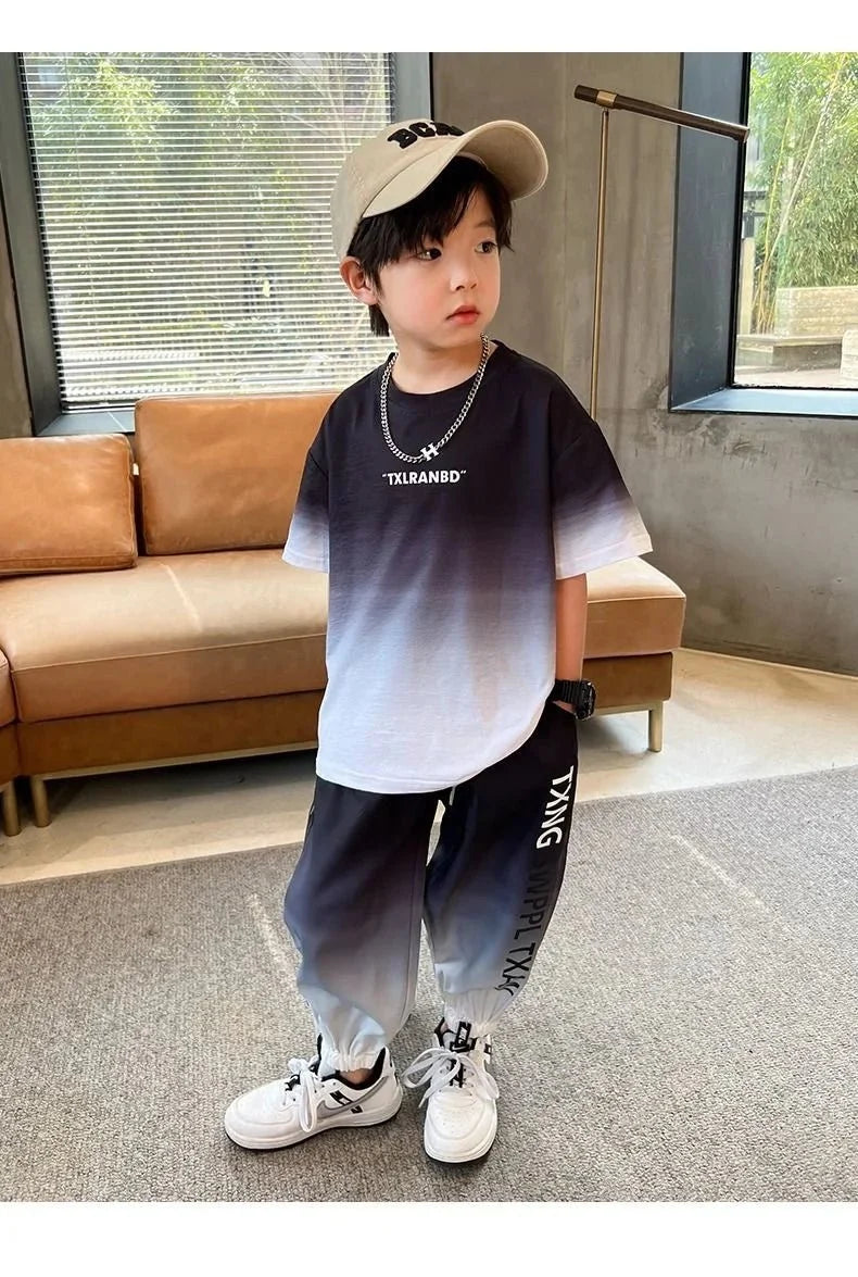 Summer teenager Boys Sports Suit Letter T Shirt + hip hop shorts Pants Kids Clothes Tracksuit 4 5 6 7 8 9 10 11 12 Years - Mom & Kids