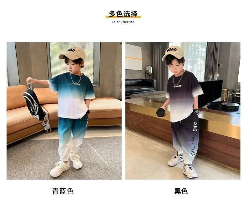 Summer teenager Boys Sports Suit Letter T Shirt + hip hop shorts Pants Kids Clothes Tracksuit 4 5 6 7 8 9 10 11 12 Years - Mom & Kids