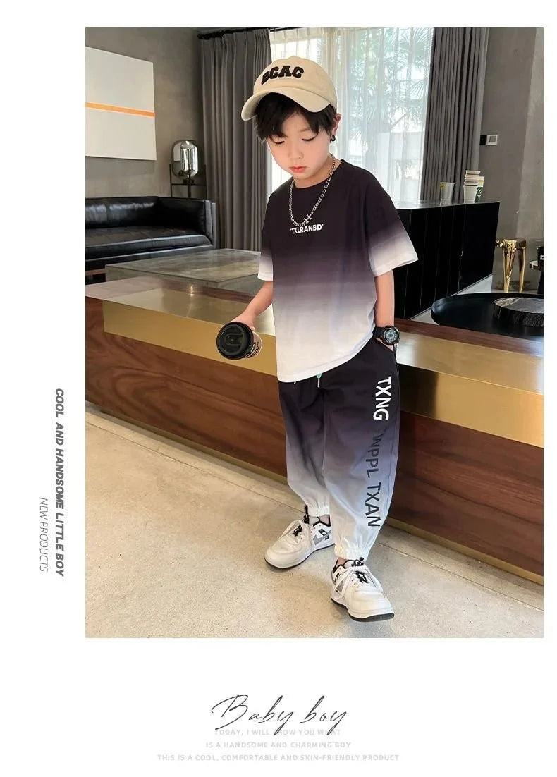 Summer teenager Boys Sports Suit Letter T Shirt + hip hop shorts Pants Kids Clothes Tracksuit 4 5 6 7 8 9 10 11 12 Years - Mom & Kids
