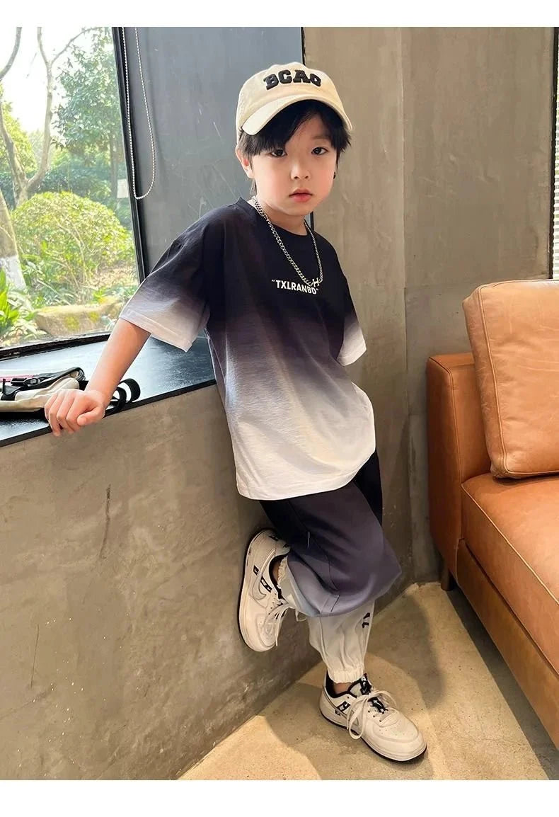 Summer teenager Boys Sports Suit Letter T Shirt + hip hop shorts Pants Kids Clothes Tracksuit 4 5 6 7 8 9 10 11 12 Years - Mom & Kids