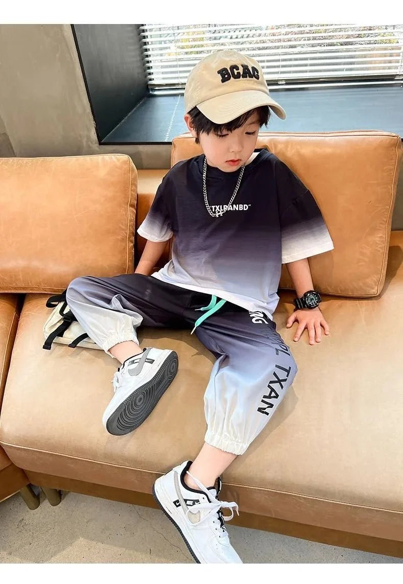 Summer teenager Boys Sports Suit Letter T Shirt + hip hop shorts Pants Kids Clothes Tracksuit 4 5 6 7 8 9 10 11 12 Years - Mom & Kids