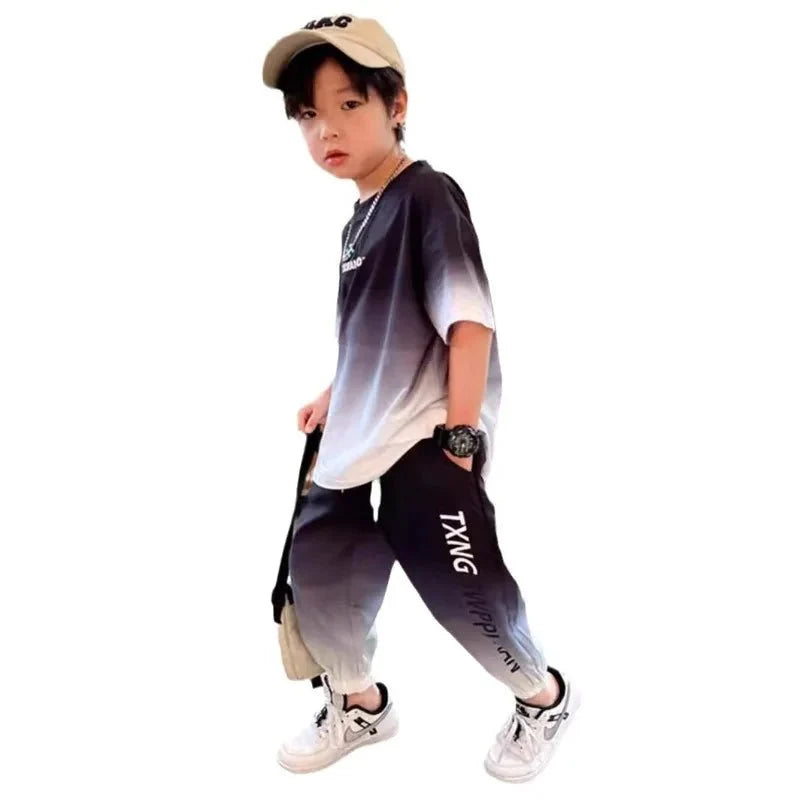 Summer teenager Boys Sports Suit Letter T Shirt + hip hop shorts Pants Kids Clothes Tracksuit 4 5 6 7 8 9 10 11 12 Years - Mom & Kids