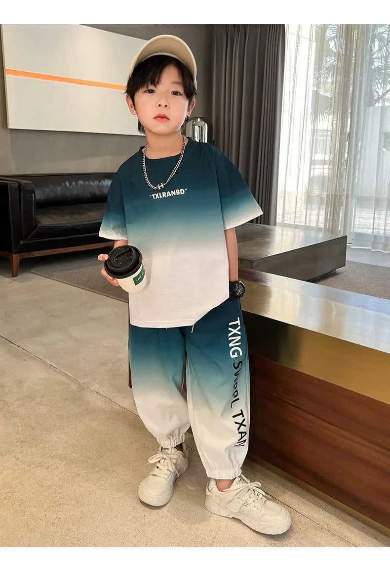 Summer teenager Boys Sports Suit Letter T Shirt + hip hop shorts Pants Kids Clothes Tracksuit 4 5 6 7 8 9 10 11 12 Years - Mom & Kids