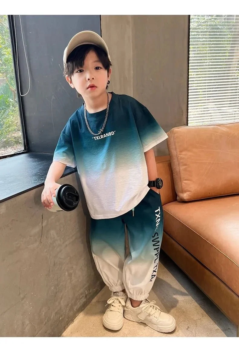 Summer teenager Boys Sports Suit Letter T Shirt + hip hop shorts Pants Kids Clothes Tracksuit 4 5 6 7 8 9 10 11 12 Years - Mom & Kids