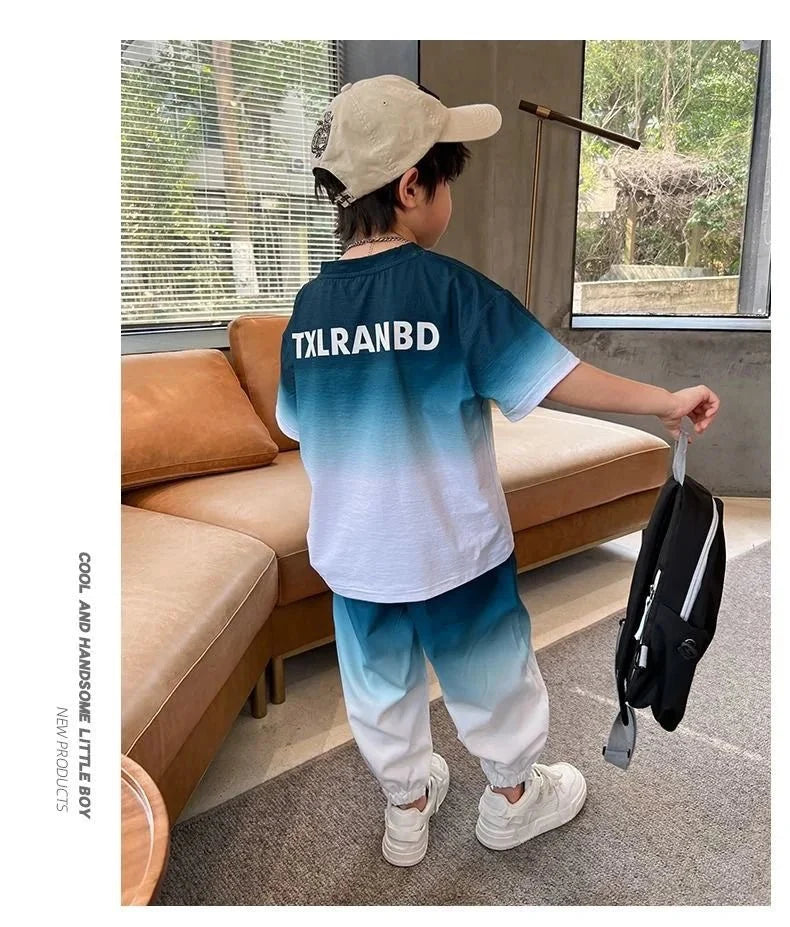 Summer teenager Boys Sports Suit Letter T Shirt + hip hop shorts Pants Kids Clothes Tracksuit 4 5 6 7 8 9 10 11 12 Years - Mom & Kids