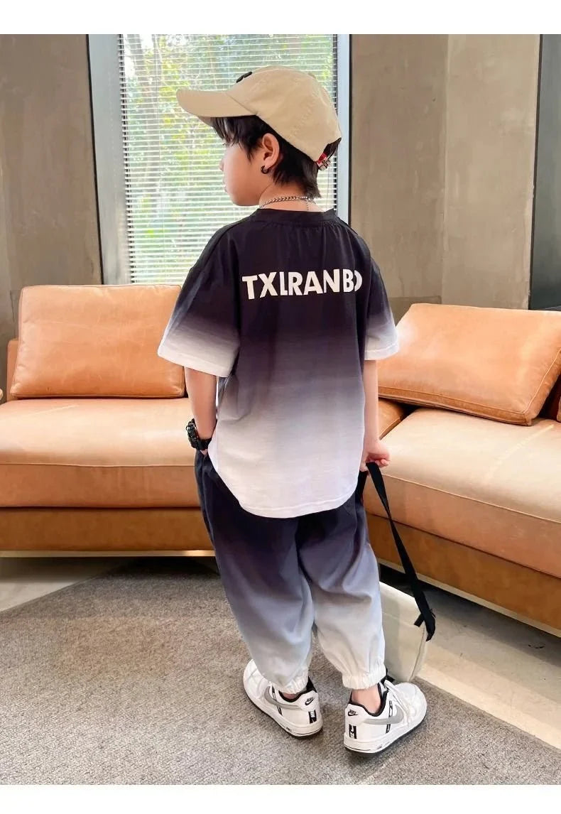 Summer teenager Boys Sports Suit Letter T Shirt + hip hop shorts Pants Kids Clothes Tracksuit 4 5 6 7 8 9 10 11 12 Years - Mom & Kids