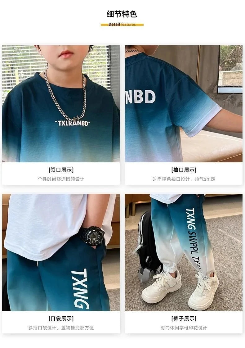 Summer teenager Boys Sports Suit Letter T Shirt + hip hop shorts Pants Kids Clothes Tracksuit 4 5 6 7 8 9 10 11 12 Years - Mom & Kids