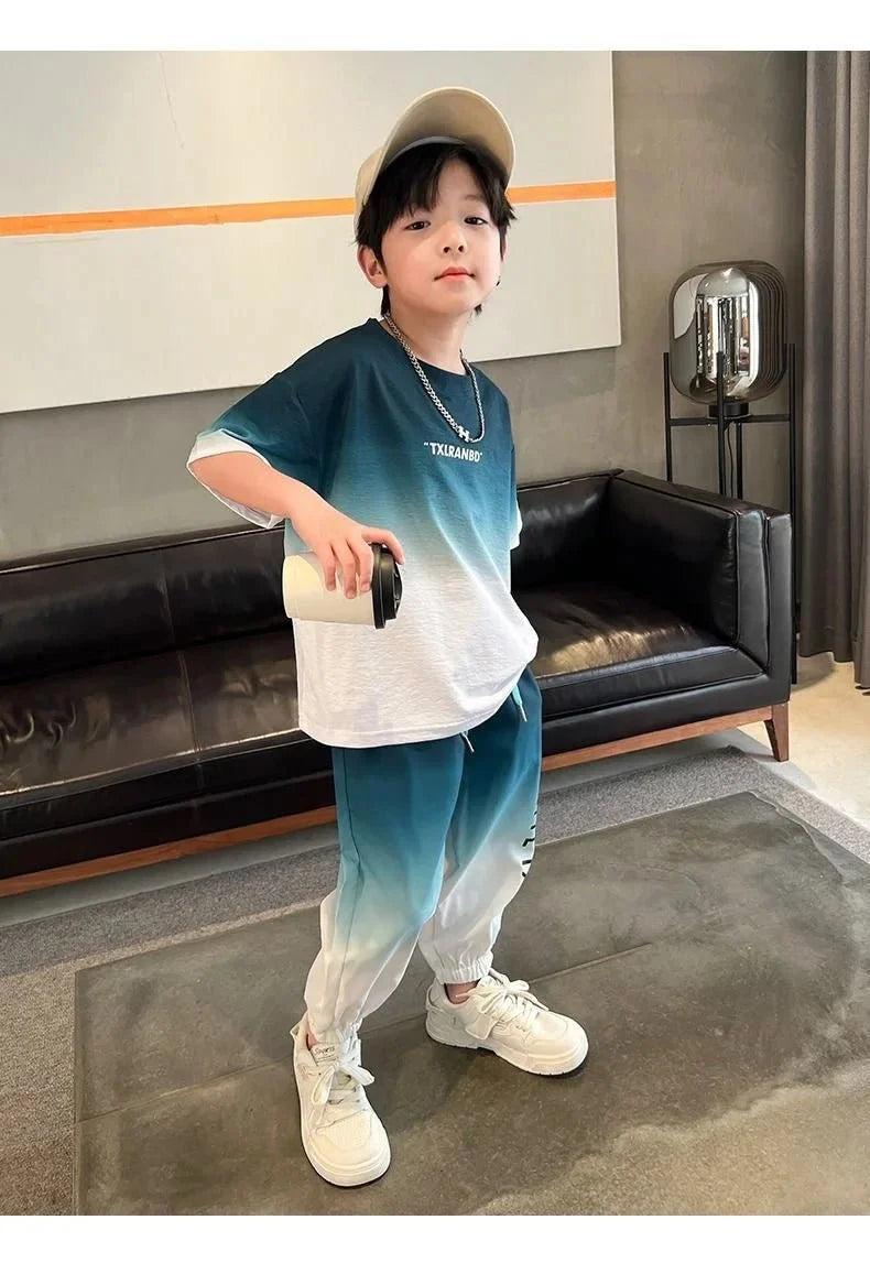 Summer teenager Boys Sports Suit Letter T Shirt + hip hop shorts Pants Kids Clothes Tracksuit 4 5 6 7 8 9 10 11 12 Years - Mom & Kids