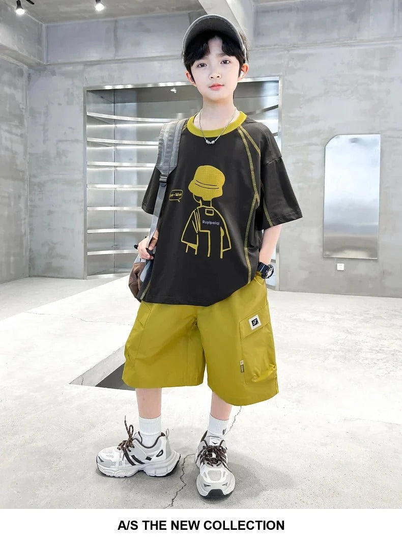 Teenage Summer Tracksuit for Boy with Shorts Tshirt 2 Piece Top and Bottom Clothes Set Kids Child Casual Cotton Outfit Suit Wear - Mom & Kids