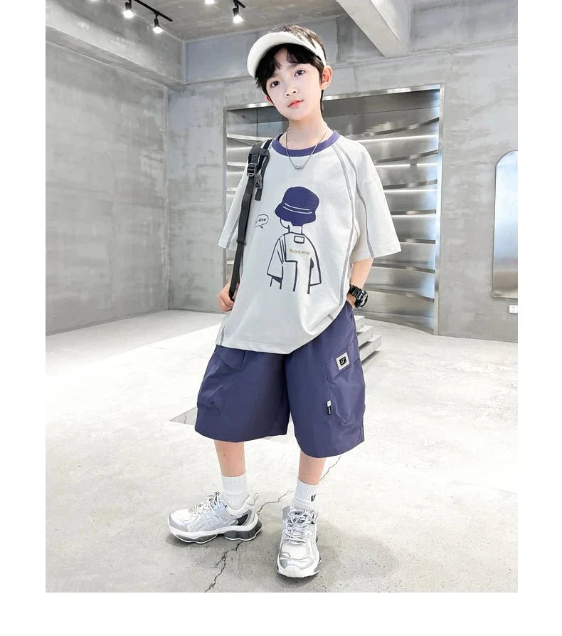 Teenage Summer Tracksuit for Boy with Shorts Tshirt 2 Piece Top and Bottom Clothes Set Kids Child Casual Cotton Outfit Suit Wear - Mom & Kids