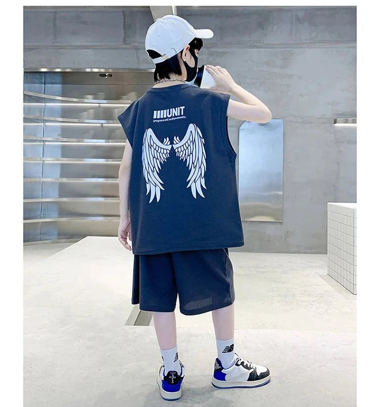 Teenage Summer Tracksuit for Boy with Shorts Tshirt 2 Piece Top and Bottom Clothes Set Kids Child Casual Cotton Outfit Suit Wear - Mom & Kids