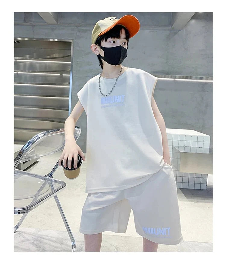 Teenage Summer Tracksuit for Boy with Shorts Tshirt 2 Piece Top and Bottom Clothes Set Kids Child Casual Cotton Outfit Suit Wear - Mom & Kids