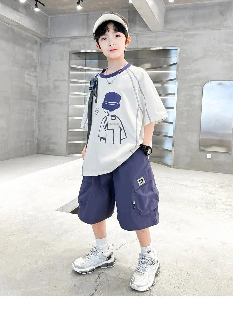 Teenage Summer Tracksuit for Boy with Shorts Tshirt 2 Piece Top and Bottom Clothes Set Kids Child Casual Cotton Outfit Suit Wear - Mom & Kids