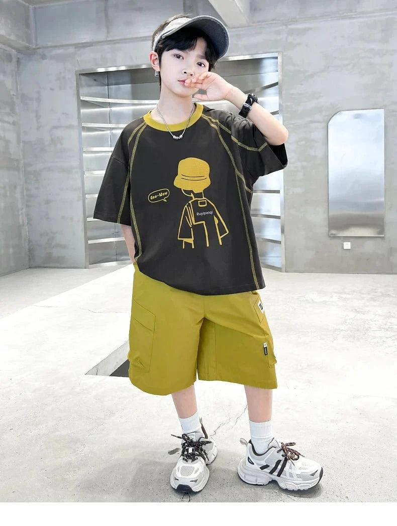 Teenage Summer Tracksuit for Boy with Shorts Tshirt 2 Piece Top and Bottom Clothes Set Kids Child Casual Cotton Outfit Suit Wear - Mom & Kids