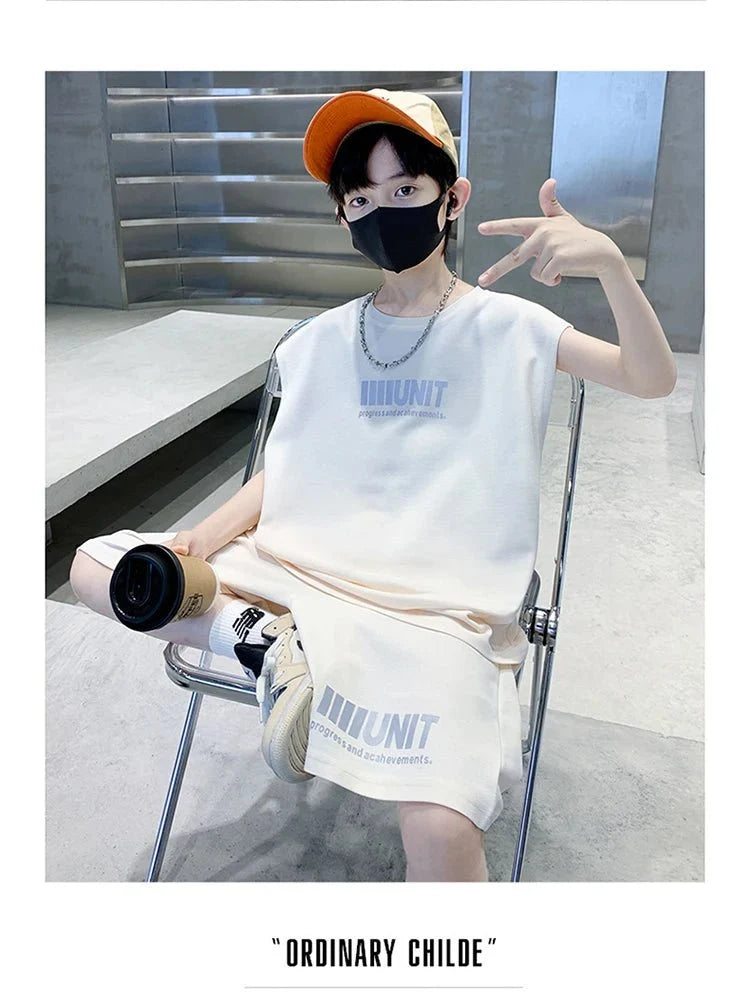 Teenage Summer Tracksuit for Boy with Shorts Tshirt 2 Piece Top and Bottom Clothes Set Kids Child Casual Cotton Outfit Suit Wear - Mom & Kids