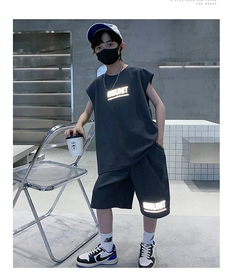 Teenage Summer Tracksuit for Boy with Shorts Tshirt 2 Piece Top and Bottom Clothes Set Kids Child Casual Cotton Outfit Suit Wear - Mom & Kids