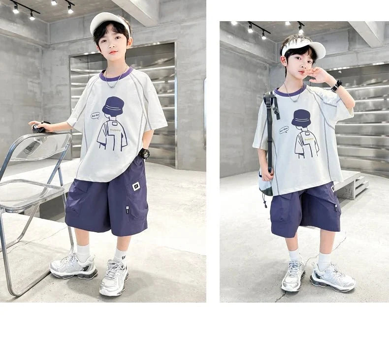 Teenage Summer Tracksuit for Boy with Shorts Tshirt 2 Piece Top and Bottom Clothes Set Kids Child Casual Cotton Outfit Suit Wear - Mom & Kids