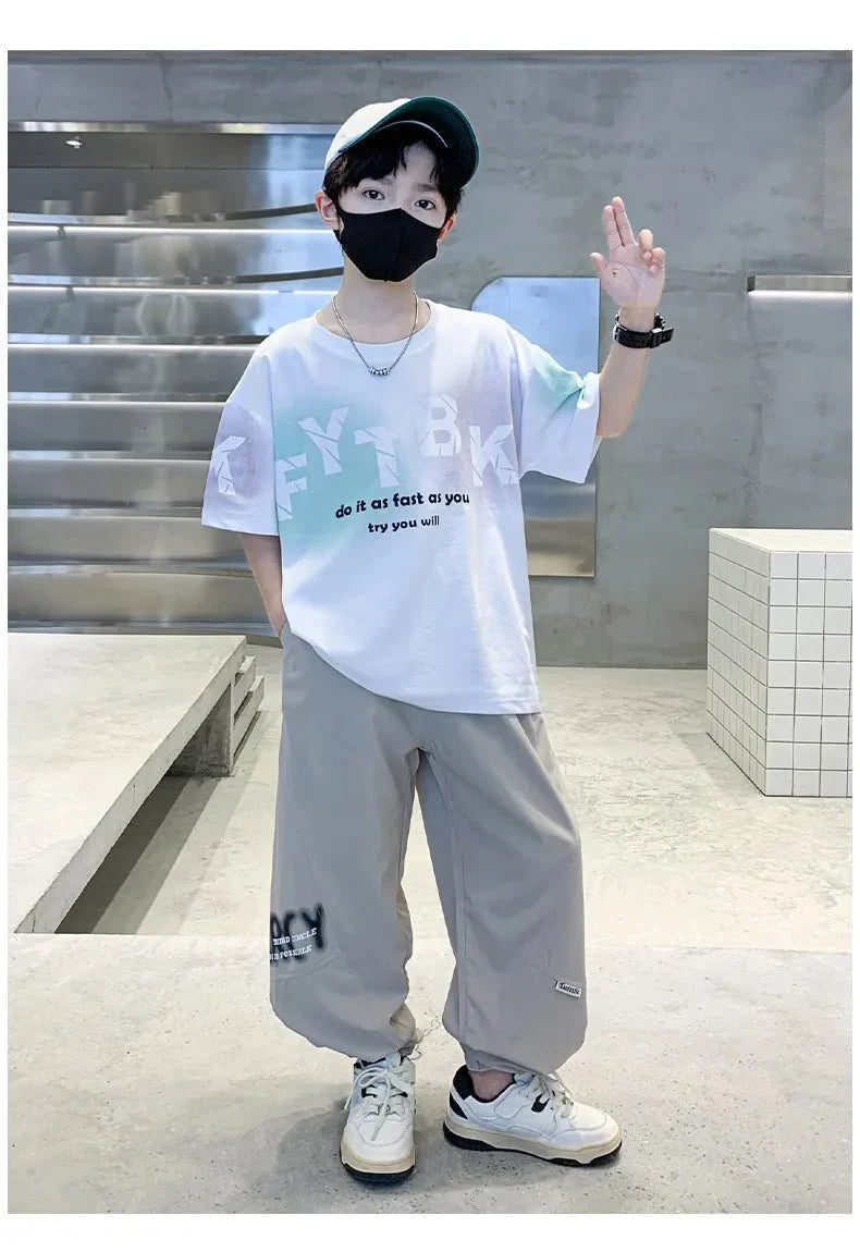 Teenager Boys Clothes Casual Outfit Kids Gradient Tracksuit Child t shirt + ankle tie pant - Mom & Kids