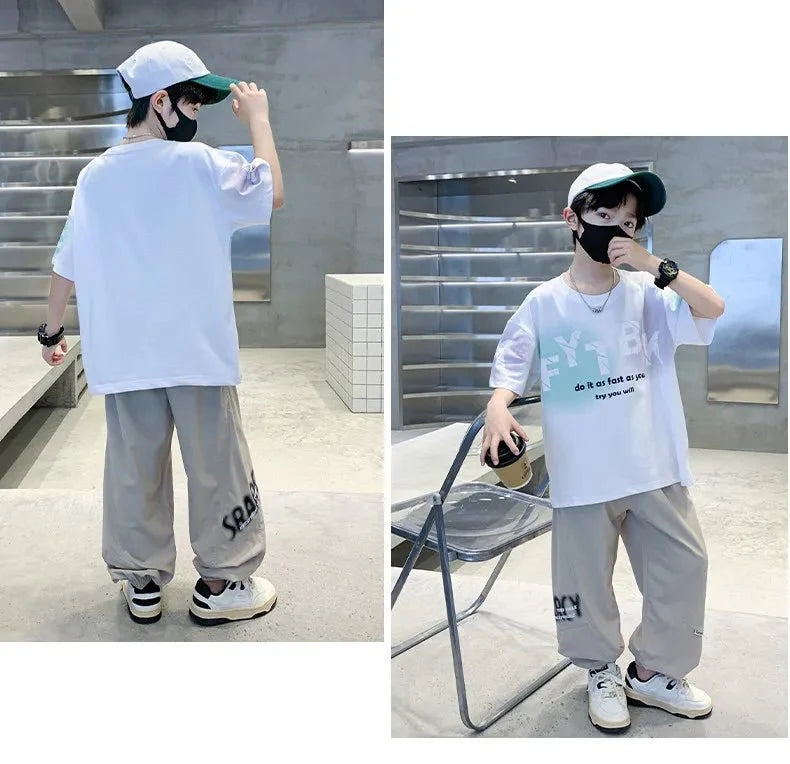 Teenager Boys Clothes Casual Outfit Kids Gradient Tracksuit Child t shirt + ankle tie pant - Mom & Kids