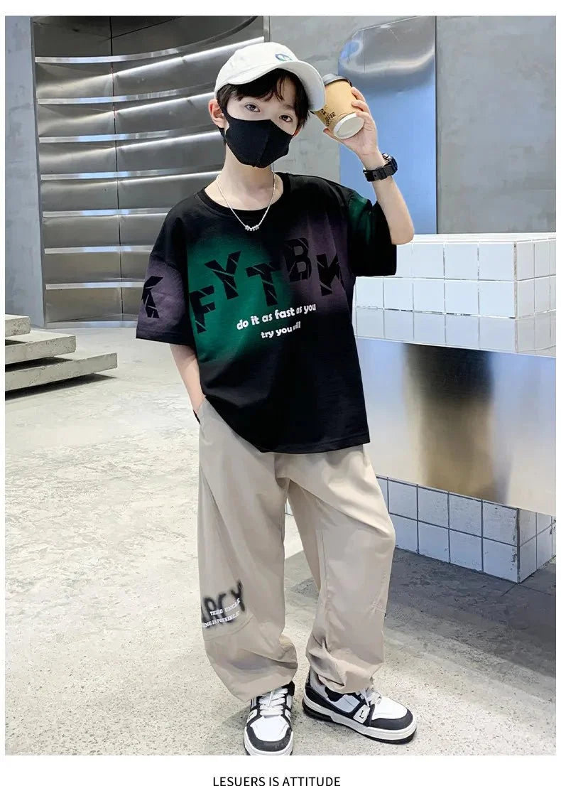 Teenager Boys Clothes Casual Outfit Kids Gradient Tracksuit Child t shirt + ankle tie pant - Mom & Kids