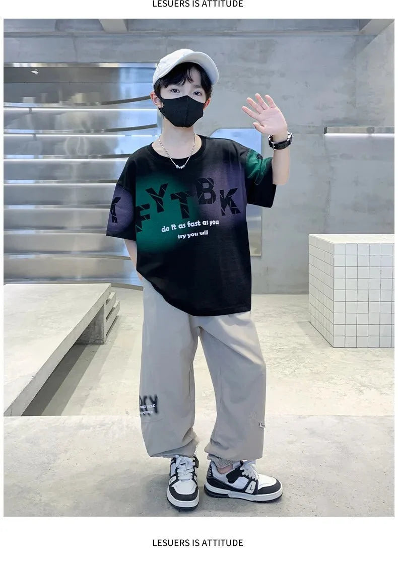 Teenager Boys Clothes Casual Outfit Kids Gradient Tracksuit Child t shirt + ankle tie pant - Mom & Kids