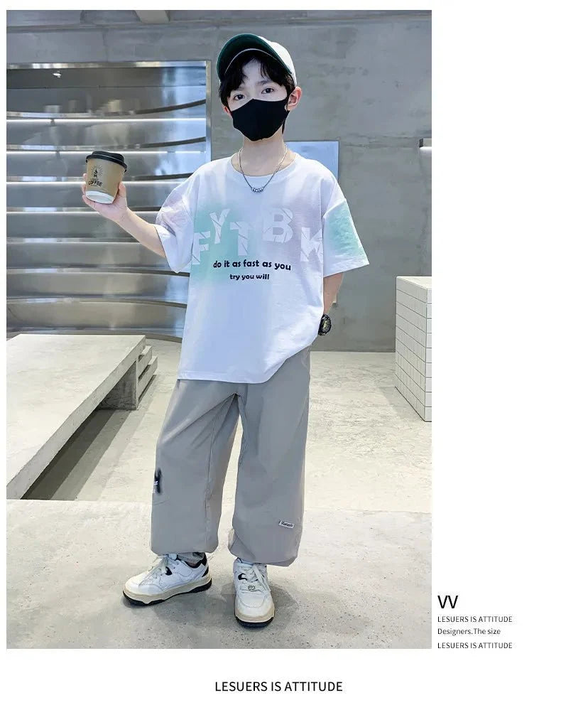 Teenager Boys Clothes Casual Outfit Kids Gradient Tracksuit Child t shirt + ankle tie pant - Mom & Kids