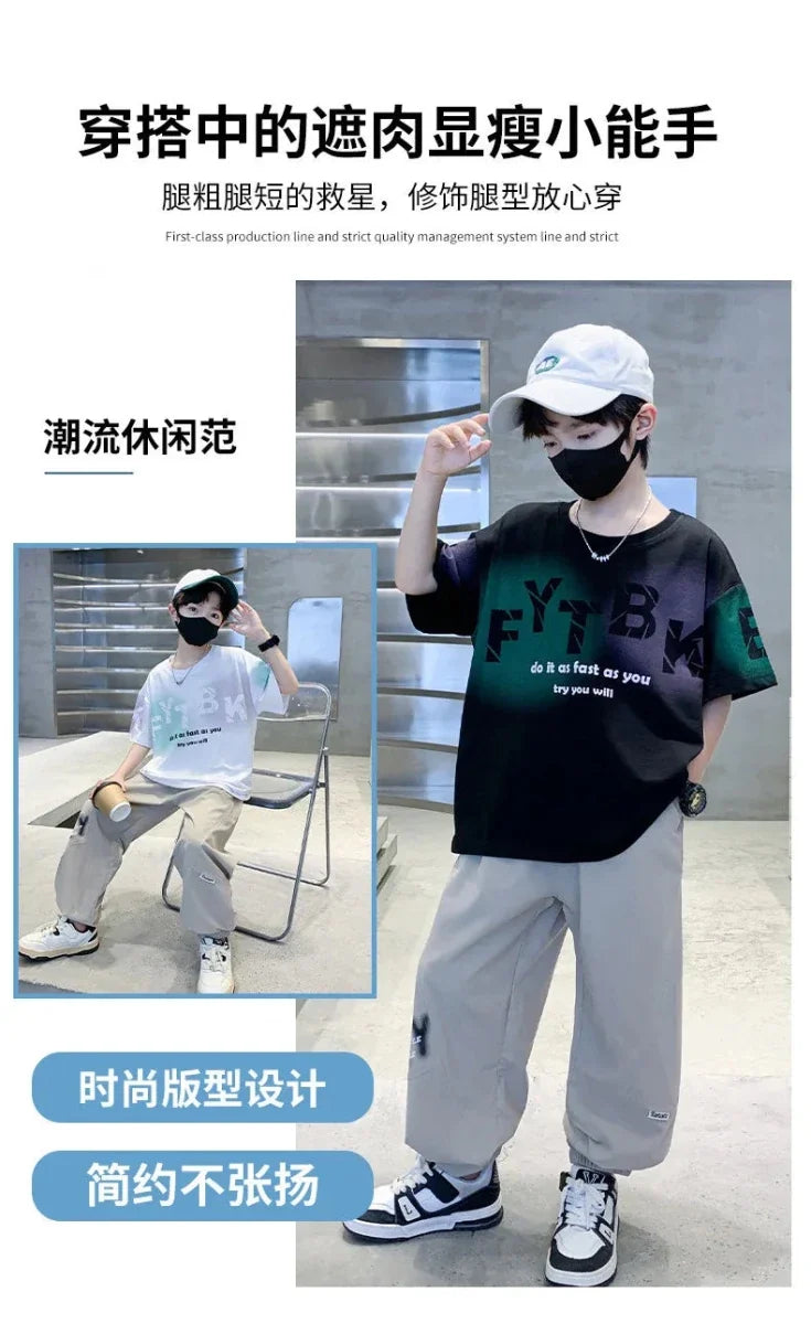 Teenager Boys Clothes Casual Outfit Kids Gradient Tracksuit Child t shirt + ankle tie pant - Mom & Kids