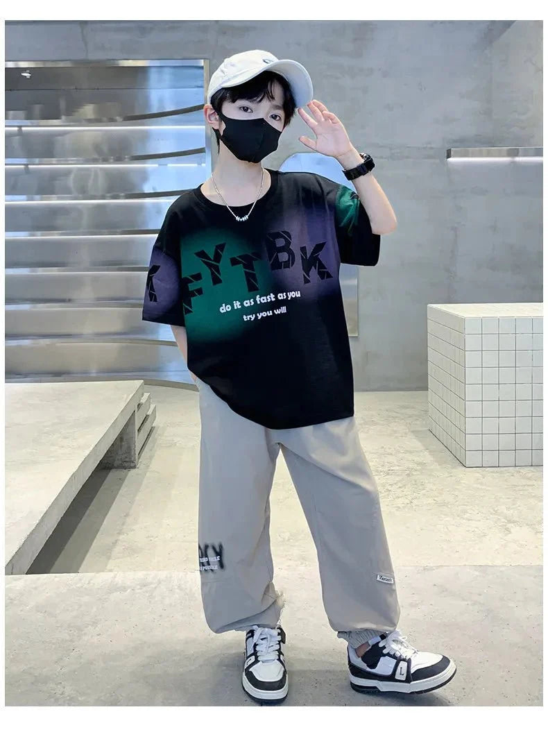 Teenager Boys Clothes Casual Outfit Kids Gradient Tracksuit Child t shirt + ankle tie pant - Mom & Kids