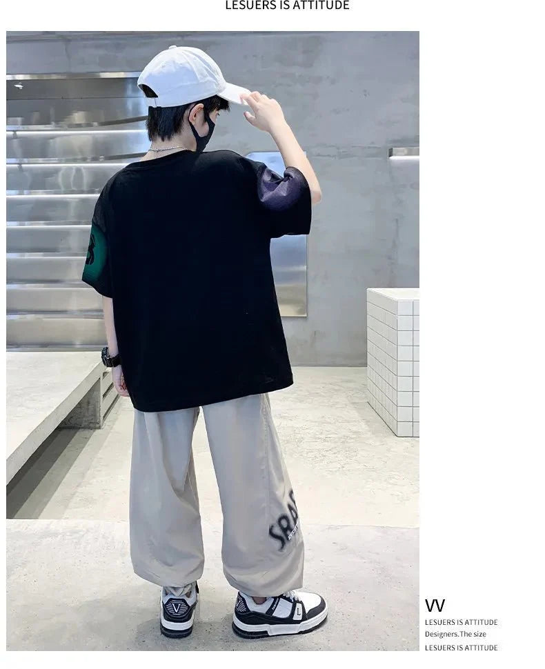 Teenager Boys Clothes Casual Outfit Kids Gradient Tracksuit Child t shirt + ankle tie pant - Mom & Kids