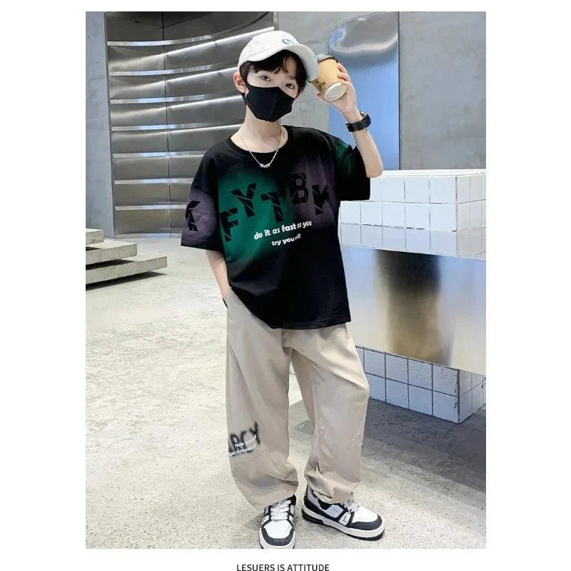 Teenager Boys Clothes Casual Outfit Kids Gradient Tracksuit Child t shirt + ankle tie pant - Mom & Kids