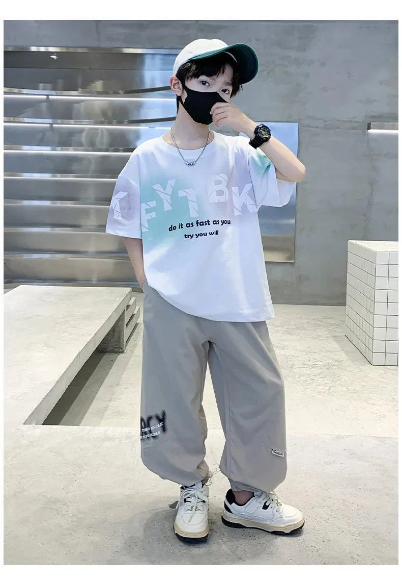 Teenager Boys Clothes Casual Outfit Kids Gradient Tracksuit Child t shirt + ankle tie pant - Mom & Kids